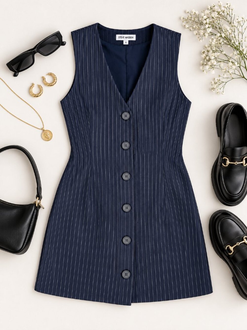 Steve Madden Navy Pinstripe Vest Mini Dress M Button Front Office Siren